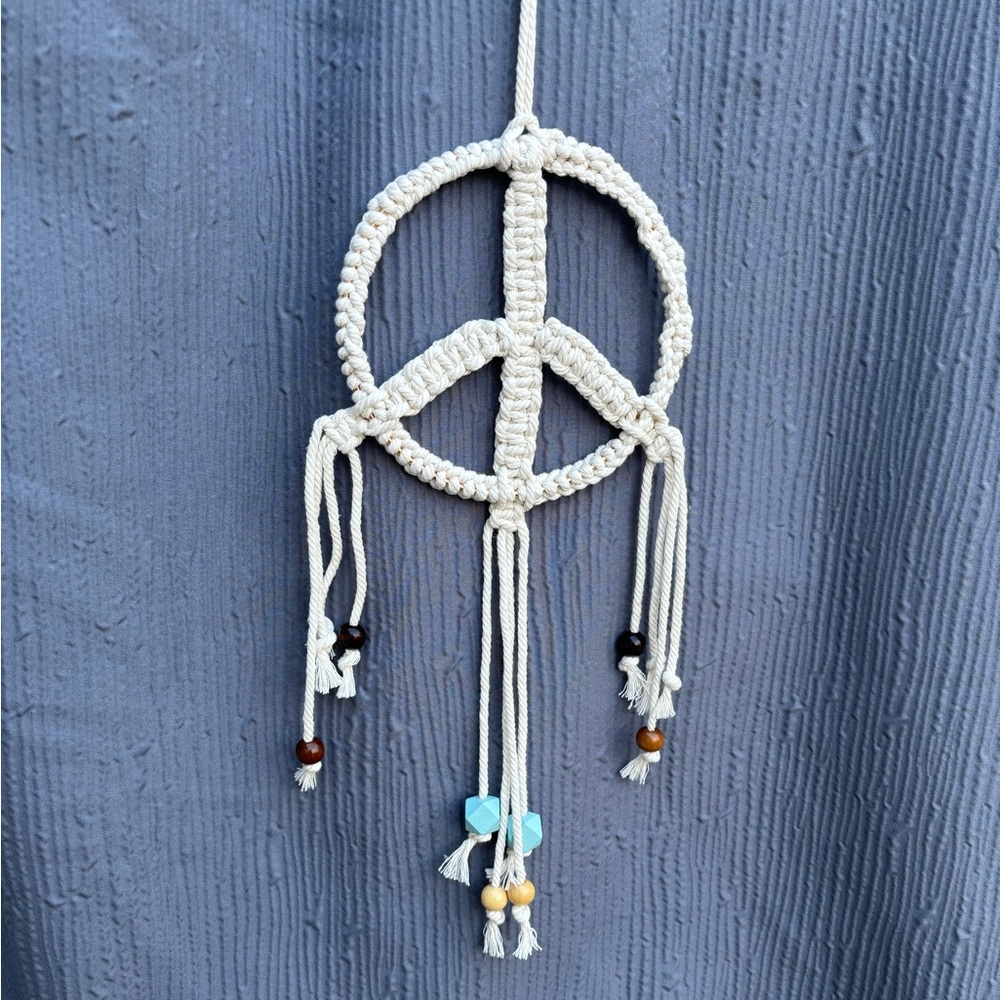 Handmade macrame peace sign dreamcatcher white